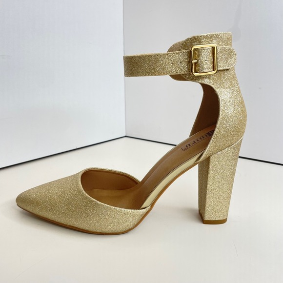 IDIFU Shoes - IDIFU Womens Gold Glitter Pointed Toe Ankle Strap Block Heel Pumps Shoes Size 10